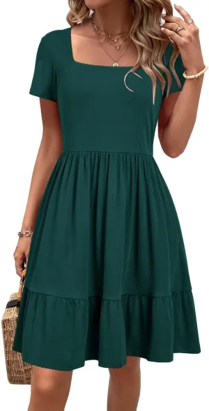 Newshows Women 2025 Summer Dress Square Neck Formal Short Sleeve Business Casual Outfits Ruffle Spring Pockets Sundress