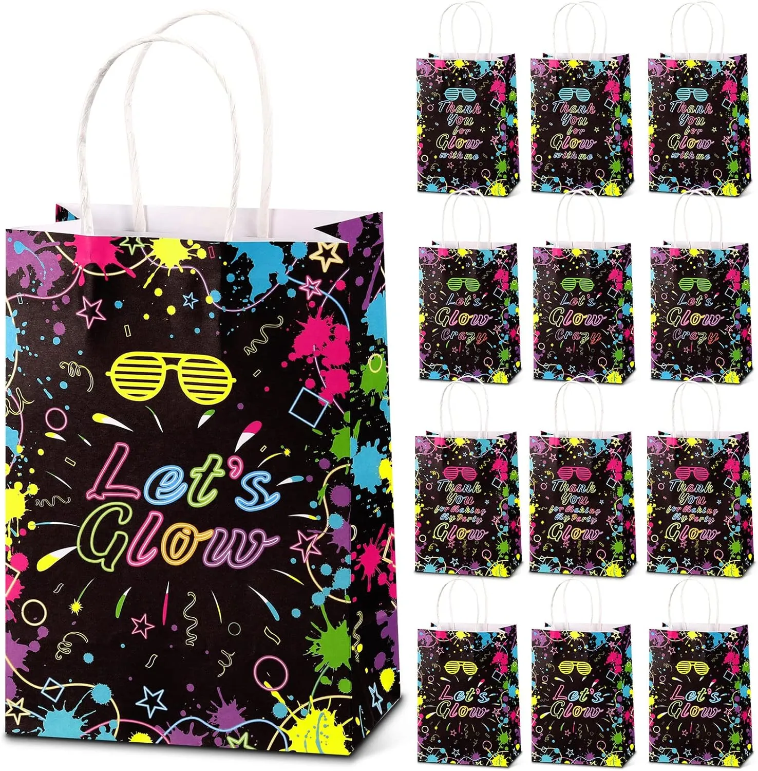 Nezyo 24 Pack Neon Bags Themed Let's Glow in Dark Party Favor Thank You for Glowing with Me Goodie Bags with Handle for Retro 80s 90s Birthday Halloween Party Decoration Supplies
