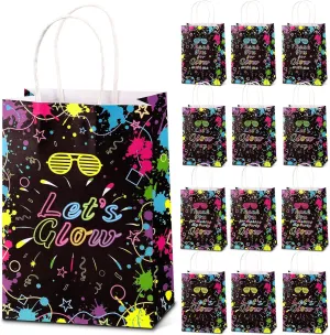 Nezyo 24 Pack Neon Bags Themed Let's Glow in Dark Party Favor Thank You for Glowing with Me Goodie Bags with Handle for Retro 80s 90s Birthday Halloween Party Decoration Supplies