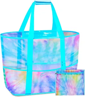 Nidoul Mesh Tote Bag with Zipper Pocket, Packable Large Beach Bags for Women Kids Vacation Travel Pool Swim