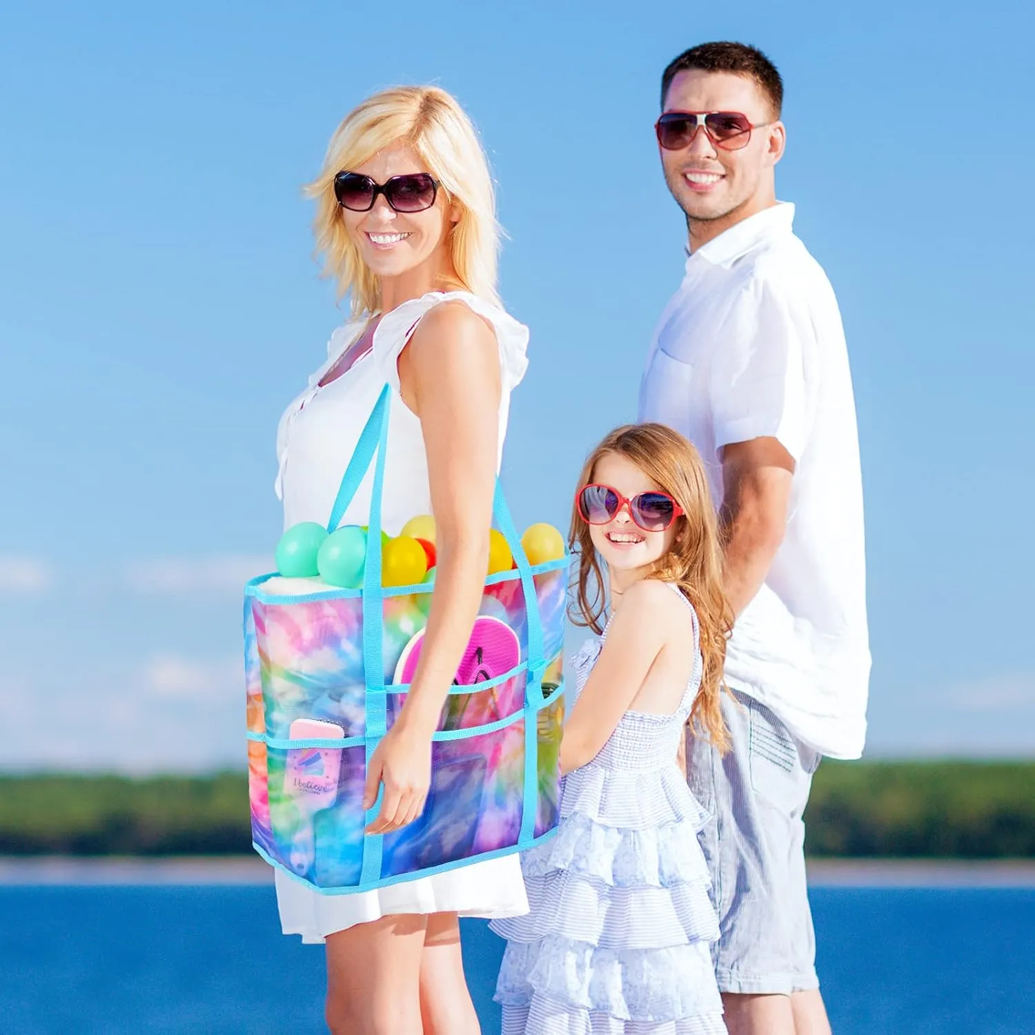 Nidoul Mesh Tote Bag with Zipper Pocket, Packable Large Beach Bags for Women Kids Vacation Travel Pool Swim