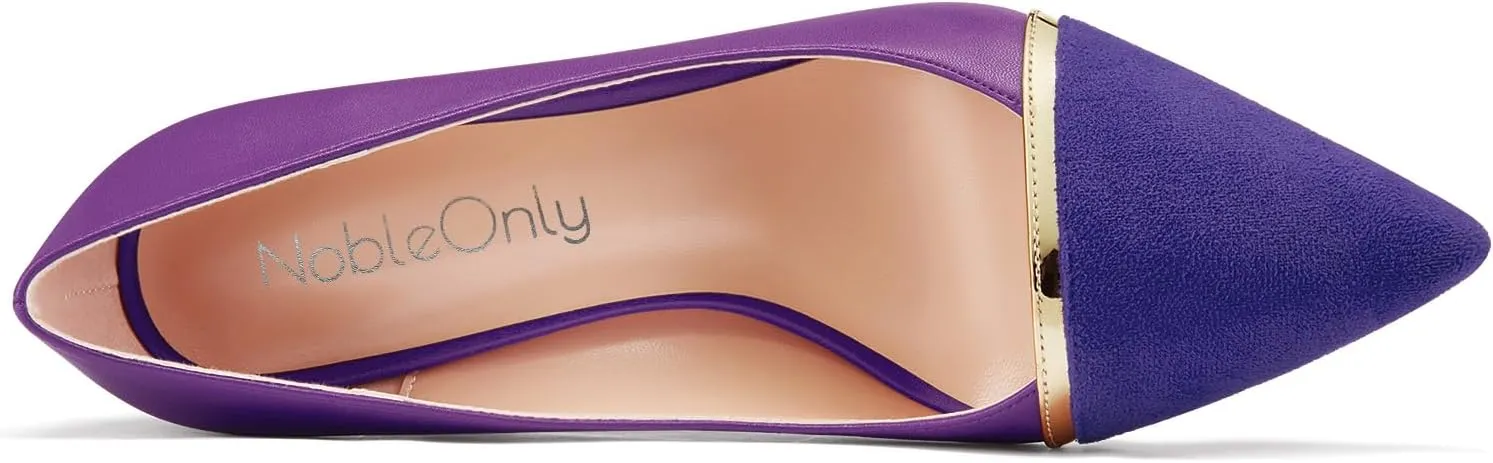 NobleOnly Womens Mid Block Heel Pointed Toe Slip-on Patchwork Pumps Prom Casual Party Dress Shoes 3.2 Inches Heels