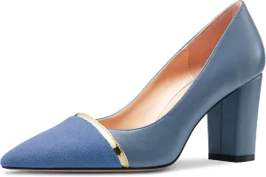 NobleOnly Womens Mid Block Heel Pointed Toe Slip-on Patchwork Pumps Prom Casual Party Dress Shoes 3.2 Inches Heels