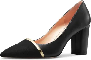 NobleOnly Womens Mid Block Heel Pointed Toe Slip-on Patchwork Pumps Prom Casual Party Dress Shoes 3.2 Inches Heels