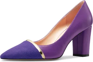 NobleOnly Womens Mid Block Heel Pointed Toe Slip-on Patchwork Pumps Prom Casual Party Dress Shoes 3.2 Inches Heels