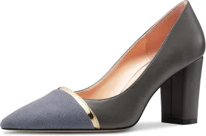 NobleOnly Womens Mid Block Heel Pointed Toe Slip-on Patchwork Pumps Prom Casual Party Dress Shoes 3.2 Inches Heels