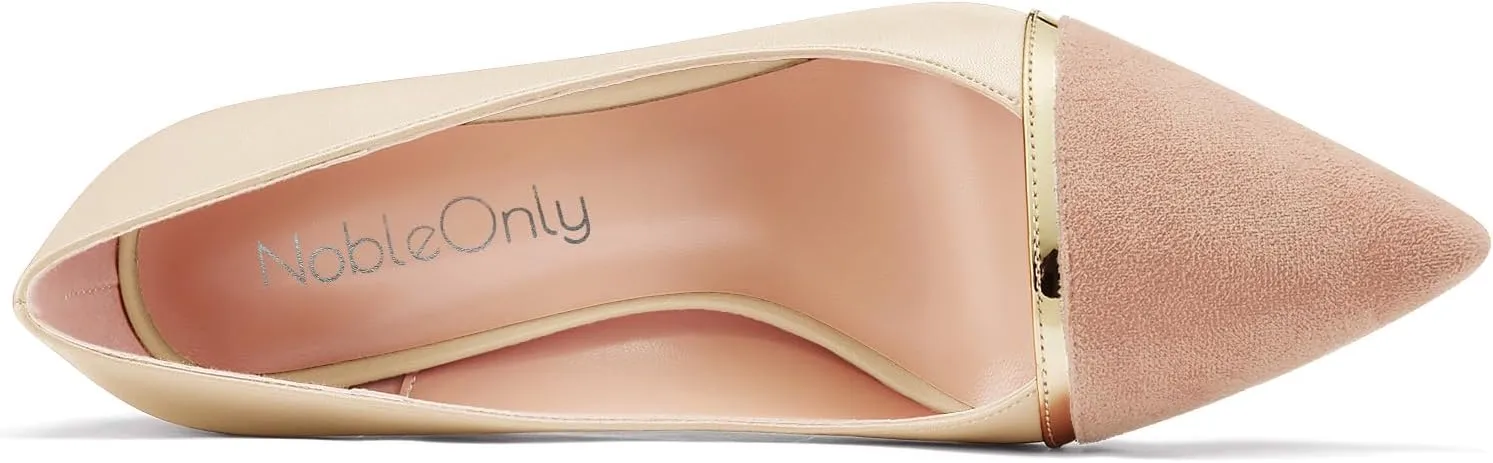 NobleOnly Womens Mid Block Heel Pointed Toe Slip-on Patchwork Pumps Prom Casual Party Dress Shoes 3.2 Inches Heels