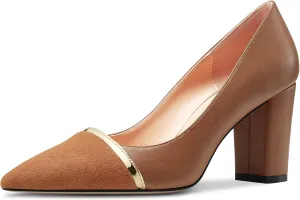 NobleOnly Womens Mid Block Heel Pointed Toe Slip-on Patchwork Pumps Prom Casual Party Dress Shoes 3.2 Inches Heels