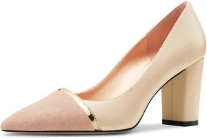 NobleOnly Womens Mid Block Heel Pointed Toe Slip-on Patchwork Pumps Prom Casual Party Dress Shoes 3.2 Inches Heels