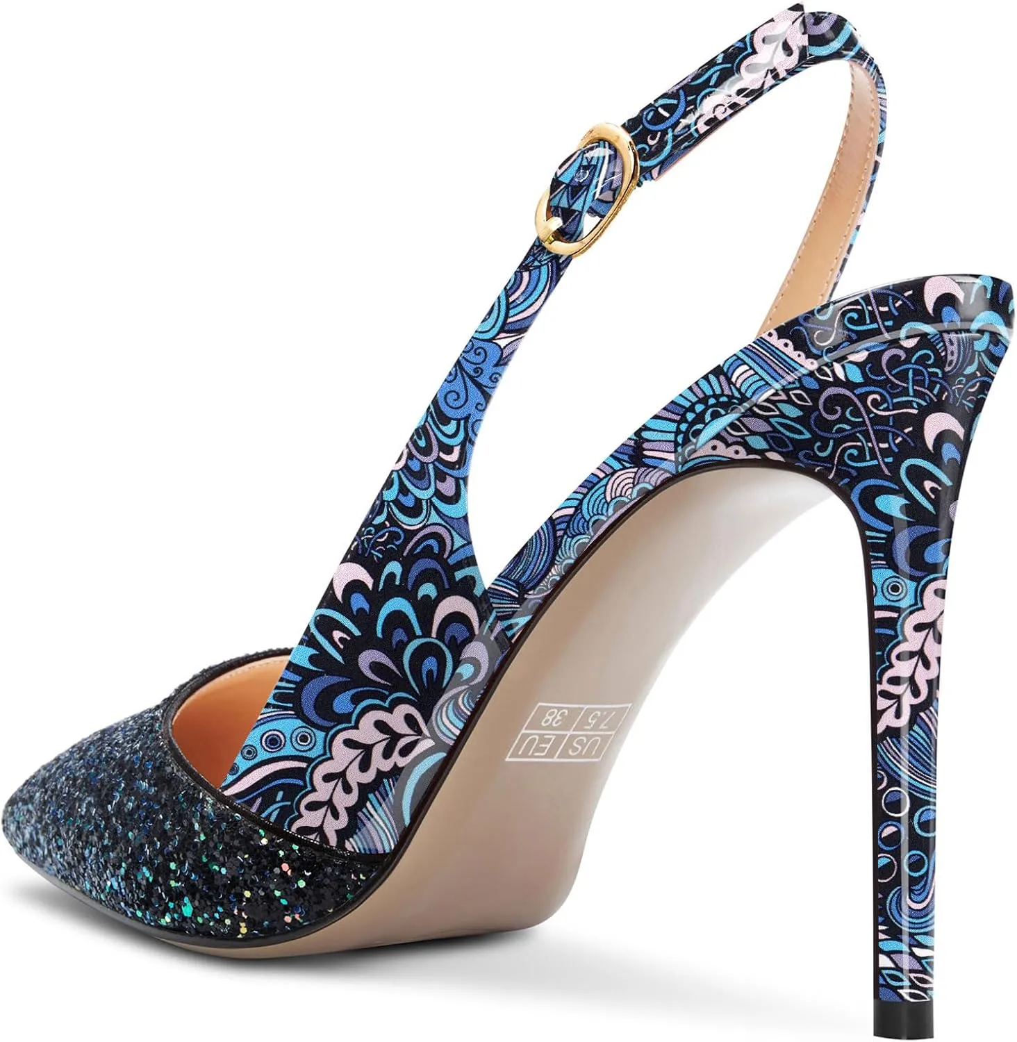 NobleOnly Womens Stiletto High Heel Pointed Toe Slingback Pumps Glitter Patchwork Prom Sexy Dress Shoes 3.9 Inches Heels
