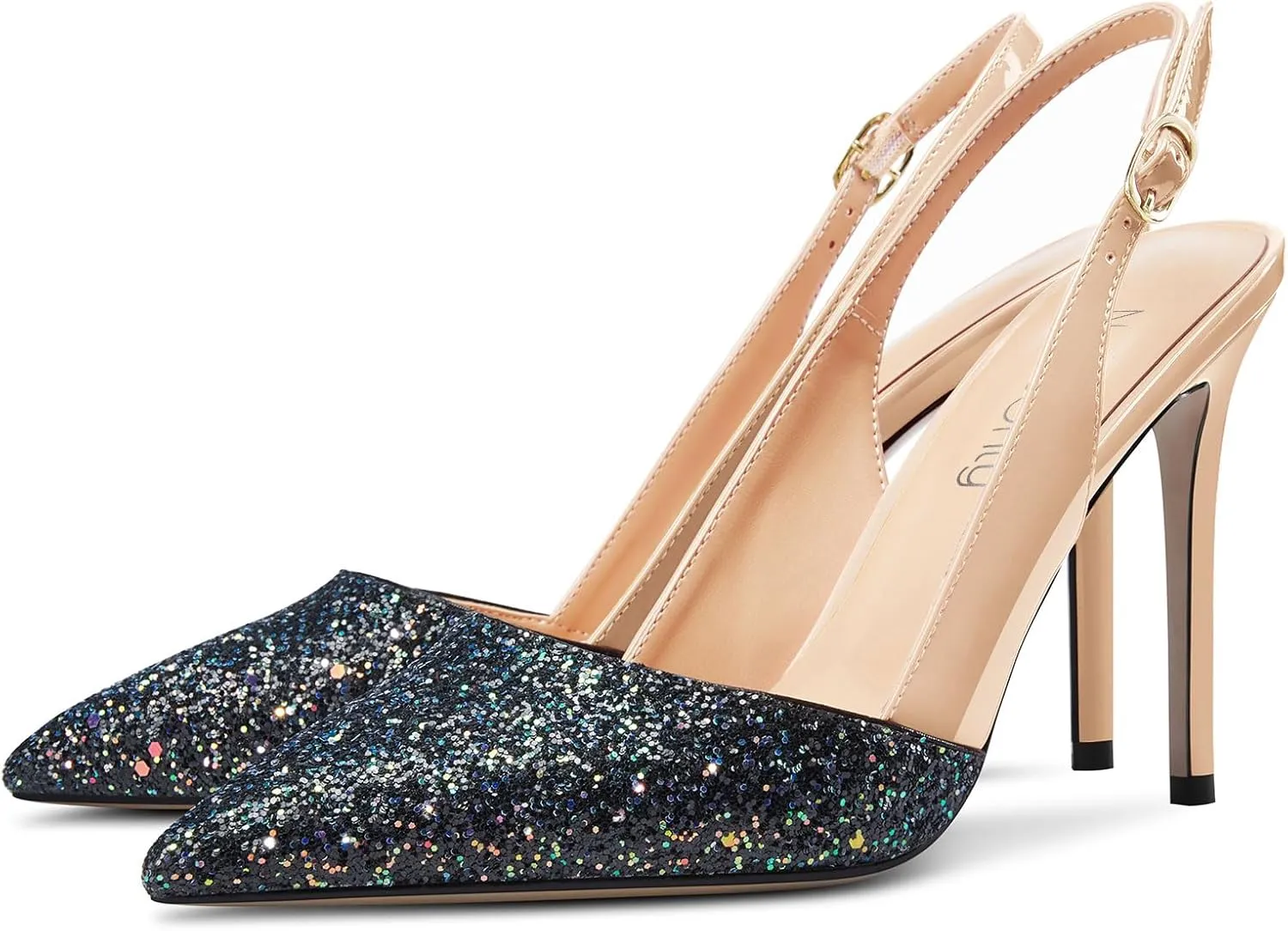 NobleOnly Womens Stiletto High Heel Pointed Toe Slingback Pumps Glitter Patchwork Prom Sexy Dress Shoes 3.9 Inches Heels