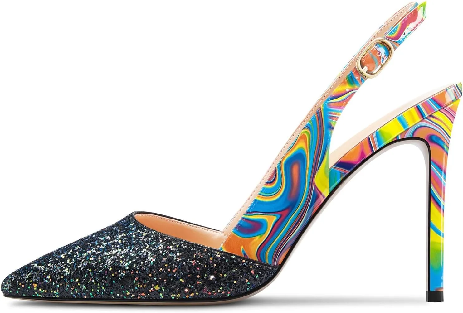 NobleOnly Womens Stiletto High Heel Pointed Toe Slingback Pumps Glitter Patchwork Prom Sexy Dress Shoes 3.9 Inches Heels