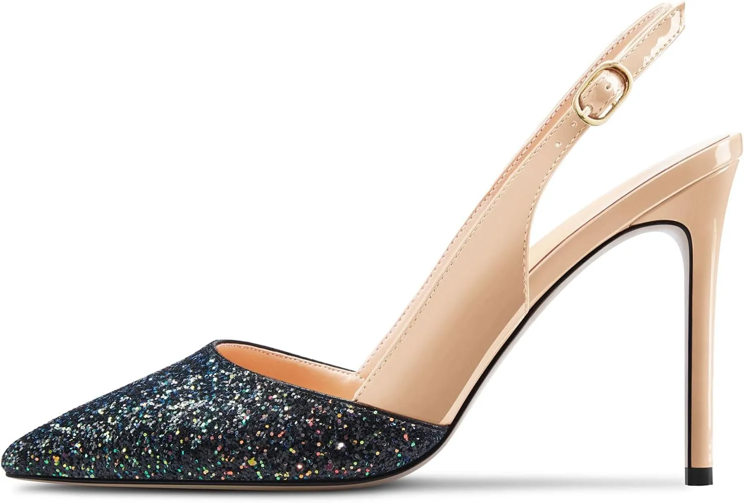 NobleOnly Womens Stiletto High Heel Pointed Toe Slingback Pumps Glitter Patchwork Prom Sexy Dress Shoes 3.9 Inches Heels