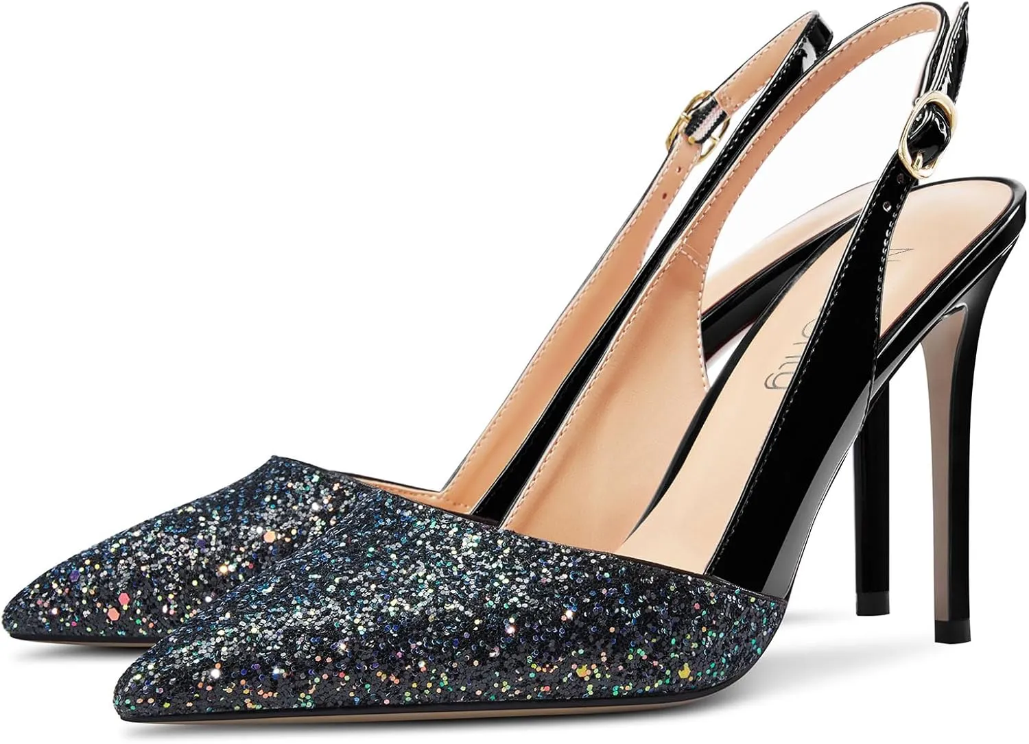 NobleOnly Womens Stiletto High Heel Pointed Toe Slingback Pumps Glitter Patchwork Prom Sexy Dress Shoes 3.9 Inches Heels