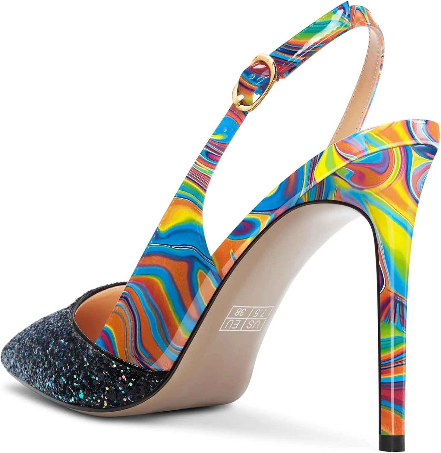 NobleOnly Womens Stiletto High Heel Pointed Toe Slingback Pumps Glitter Patchwork Prom Sexy Dress Shoes 3.9 Inches Heels