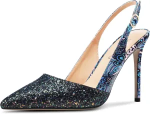 NobleOnly Womens Stiletto High Heel Pointed Toe Slingback Pumps Glitter Patchwork Prom Sexy Dress Shoes 3.9 Inches Heels