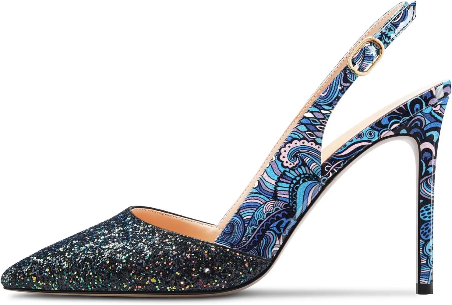NobleOnly Womens Stiletto High Heel Pointed Toe Slingback Pumps Glitter Patchwork Prom Sexy Dress Shoes 3.9 Inches Heels