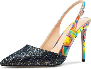 NobleOnly Womens Stiletto High Heel Pointed Toe Slingback Pumps Glitter Patchwork Prom Sexy Dress Shoes 3.9 Inches Heels