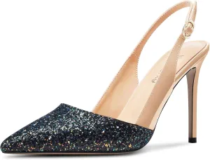 NobleOnly Womens Stiletto High Heel Pointed Toe Slingback Pumps Glitter Patchwork Prom Sexy Dress Shoes 3.9 Inches Heels