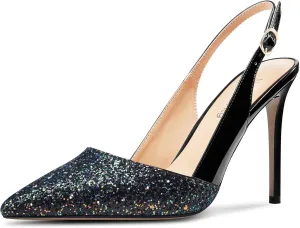 NobleOnly Womens Stiletto High Heel Pointed Toe Slingback Pumps Glitter Patchwork Prom Sexy Dress Shoes 3.9 Inches Heels