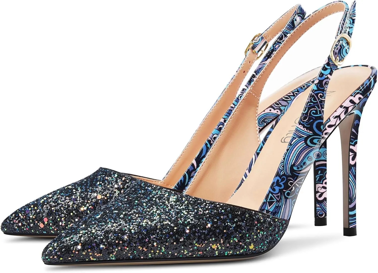NobleOnly Womens Stiletto High Heel Pointed Toe Slingback Pumps Glitter Patchwork Prom Sexy Dress Shoes 3.9 Inches Heels