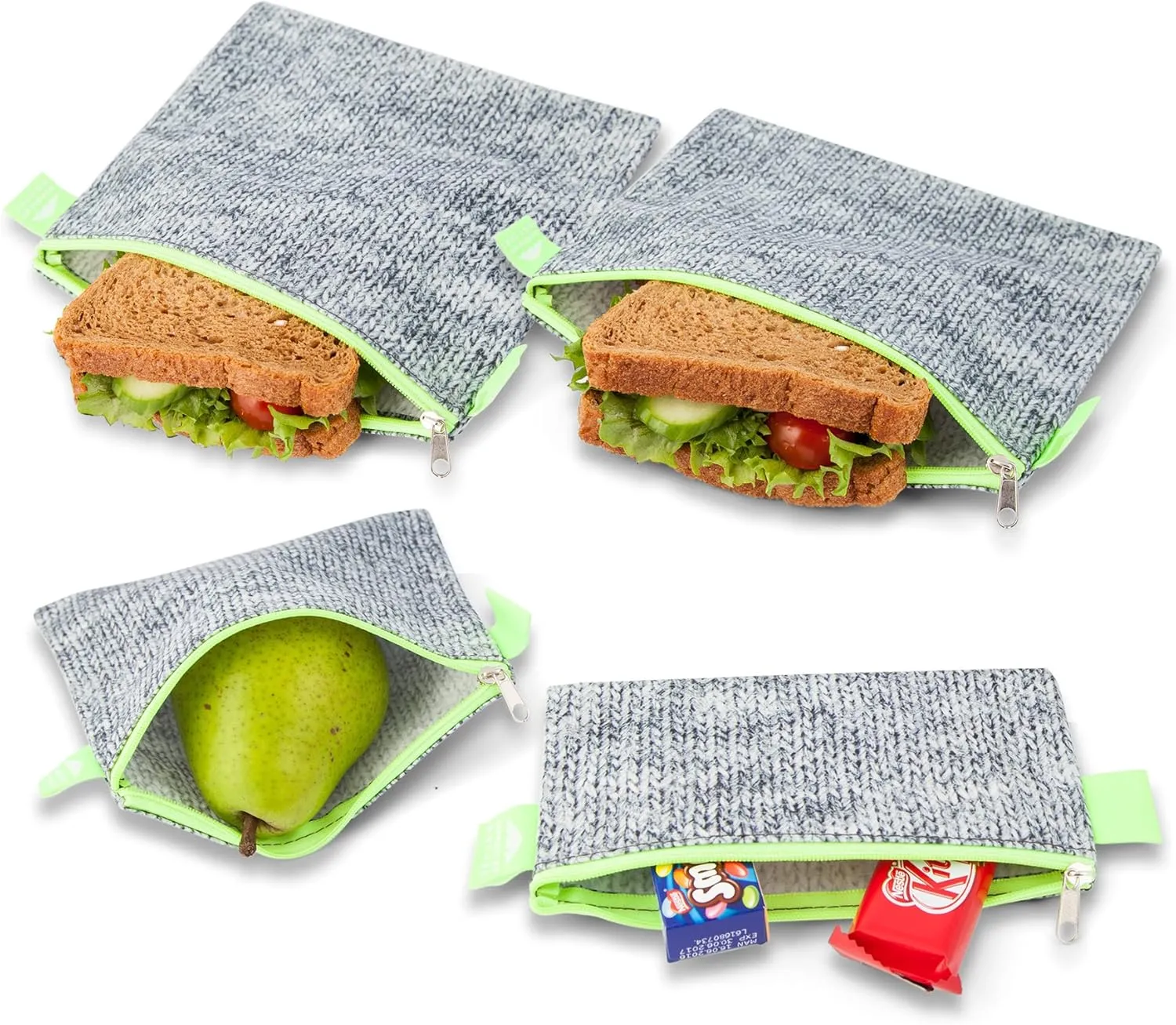 Nordic By Nature 4 Pack - Reusable Sandwich Bags Dishwasher Safe BPA Free - Durable Washable Quick Dry Cloth Baggies -Reusable Snack Bags School Lunches - Easy Open Zipper (Grey/Neon Green)