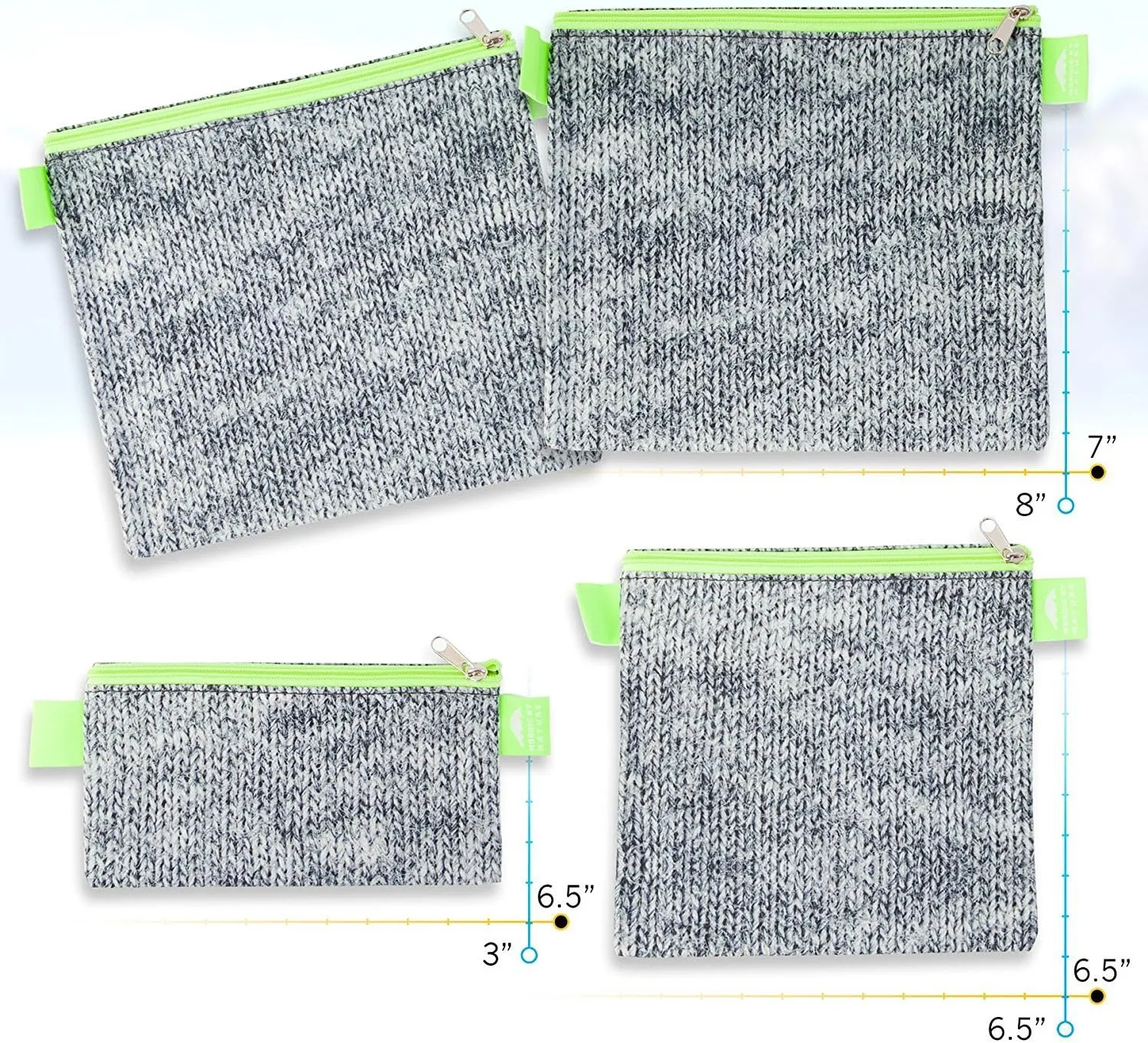 Nordic By Nature 4 Pack - Reusable Sandwich Bags Dishwasher Safe BPA Free - Durable Washable Quick Dry Cloth Baggies -Reusable Snack Bags School Lunches - Easy Open Zipper (Grey/Neon Green)
