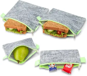 Nordic By Nature 4 Pack - Reusable Sandwich Bags Dishwasher Safe BPA Free - Durable Washable Quick Dry Cloth Baggies -Reusable Snack Bags School Lunches - Easy Open Zipper (Grey/Neon Green)
