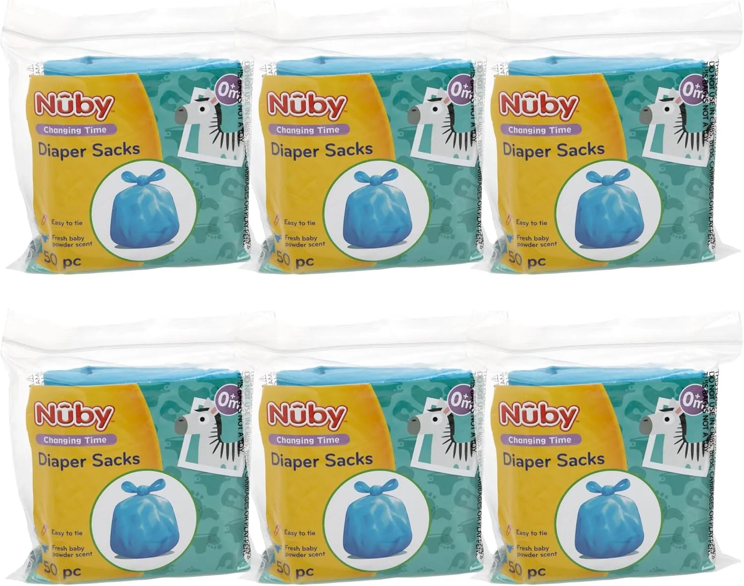 Nuby Diaper Disposal Bags for Baby - (6-Pack) 50 Count Disposable Bags - Fresh Baby Powder Scent - Blue