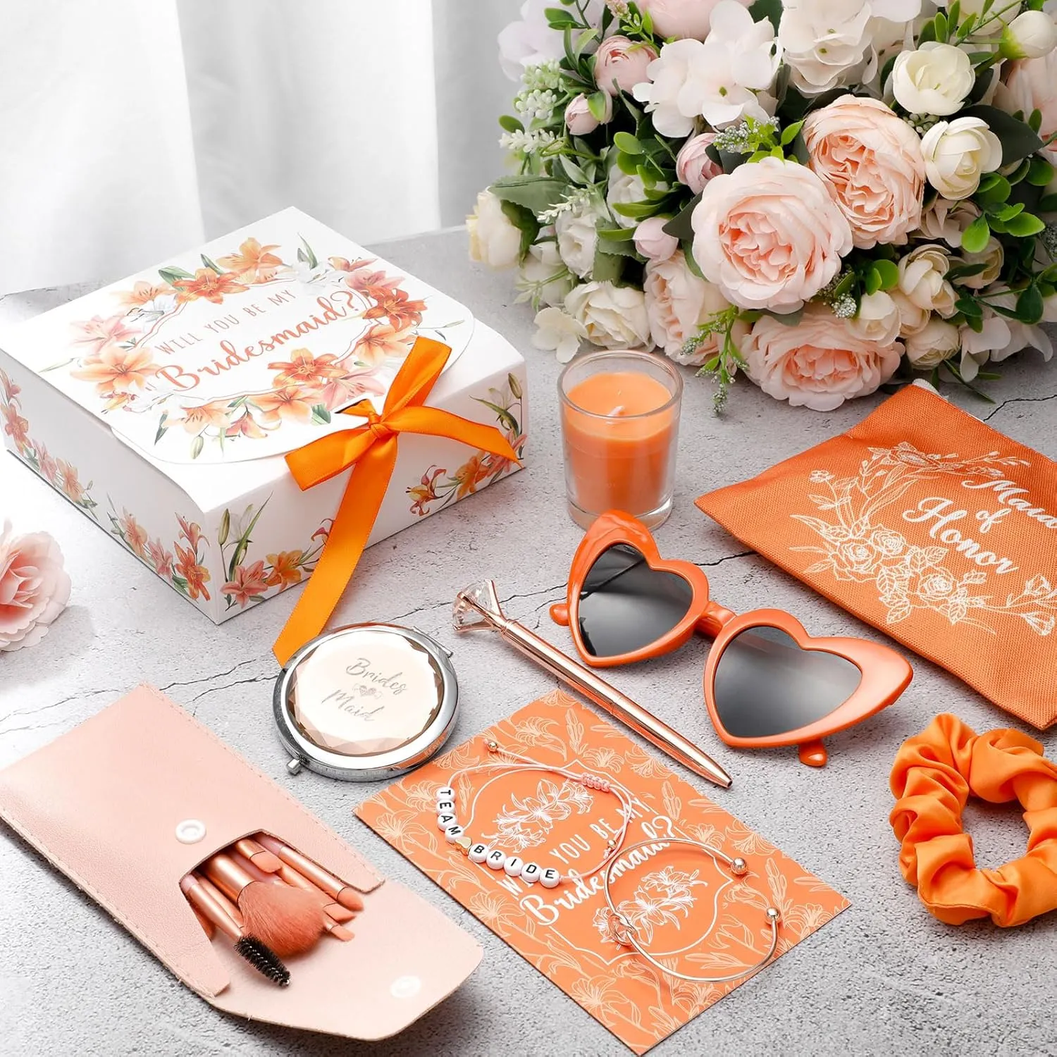 Nuogo 88 Pcs Bridesmaid Proposal Gifts Maid of Honor Gift Bridal Shower Cosmetic Makeup Bags Invited Cards Knotted Bracelets Scrunchies Hair Diamond Pens Favors for Wedding (Orange,Pretty)