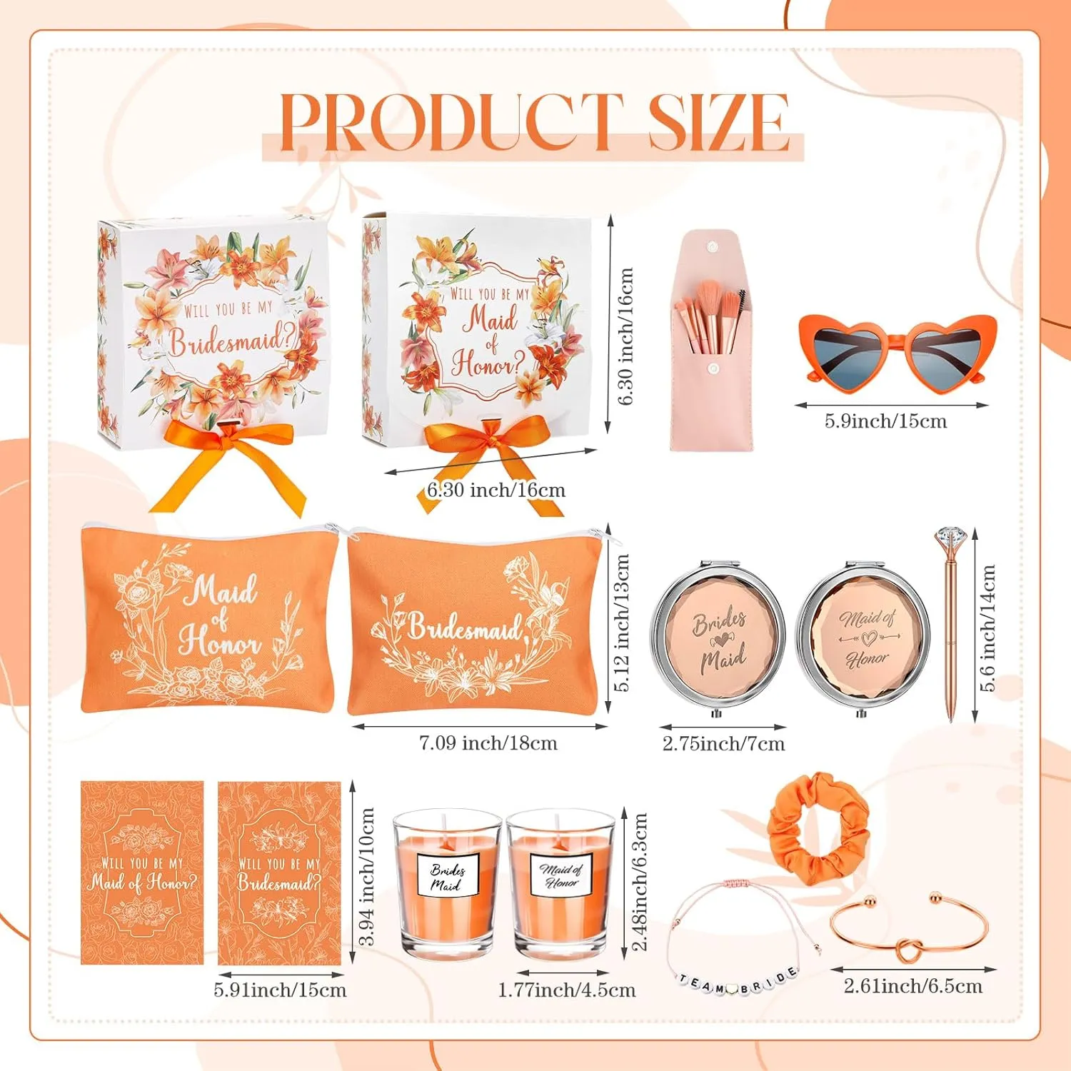 Nuogo 88 Pcs Bridesmaid Proposal Gifts Maid of Honor Gift Bridal Shower Cosmetic Makeup Bags Invited Cards Knotted Bracelets Scrunchies Hair Diamond Pens Favors for Wedding (Orange,Pretty)