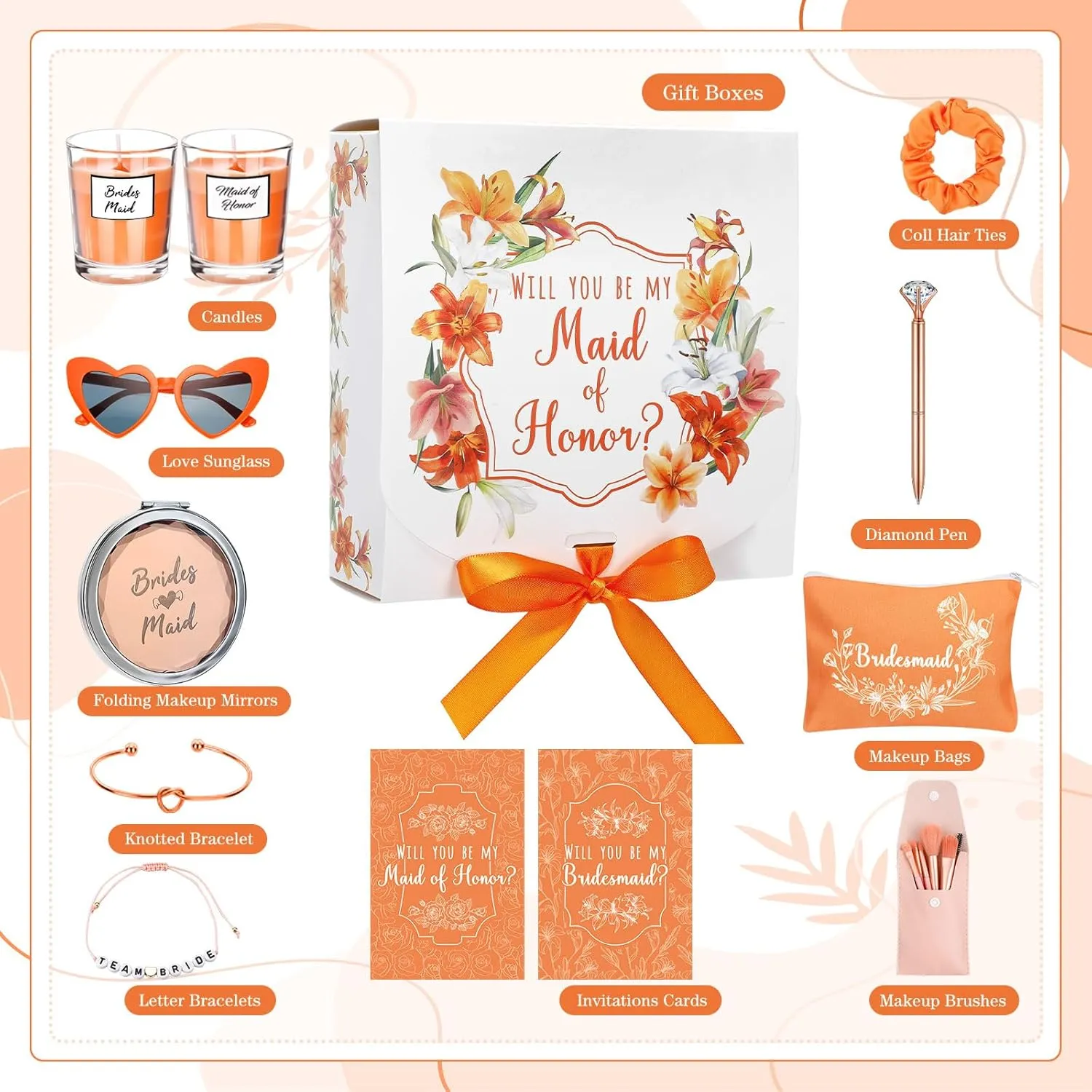 Nuogo 88 Pcs Bridesmaid Proposal Gifts Maid of Honor Gift Bridal Shower Cosmetic Makeup Bags Invited Cards Knotted Bracelets Scrunchies Hair Diamond Pens Favors for Wedding (Orange,Pretty)