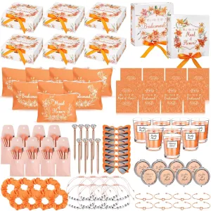 Nuogo 88 Pcs Bridesmaid Proposal Gifts Maid of Honor Gift Bridal Shower Cosmetic Makeup Bags Invited Cards Knotted Bracelets Scrunchies Hair Diamond Pens Favors for Wedding (Orange,Pretty)