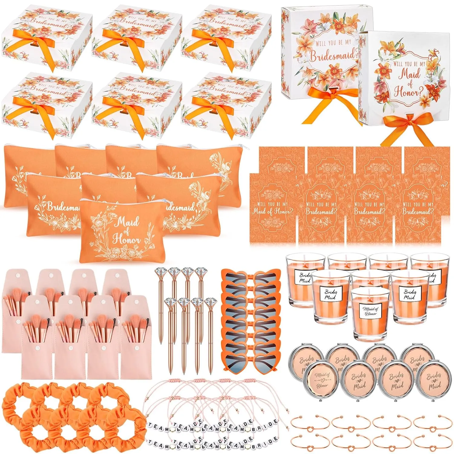 Nuogo 88 Pcs Bridesmaid Proposal Gifts Maid of Honor Gift Bridal Shower Cosmetic Makeup Bags Invited Cards Knotted Bracelets Scrunchies Hair Diamond Pens Favors for Wedding (Orange,Pretty)