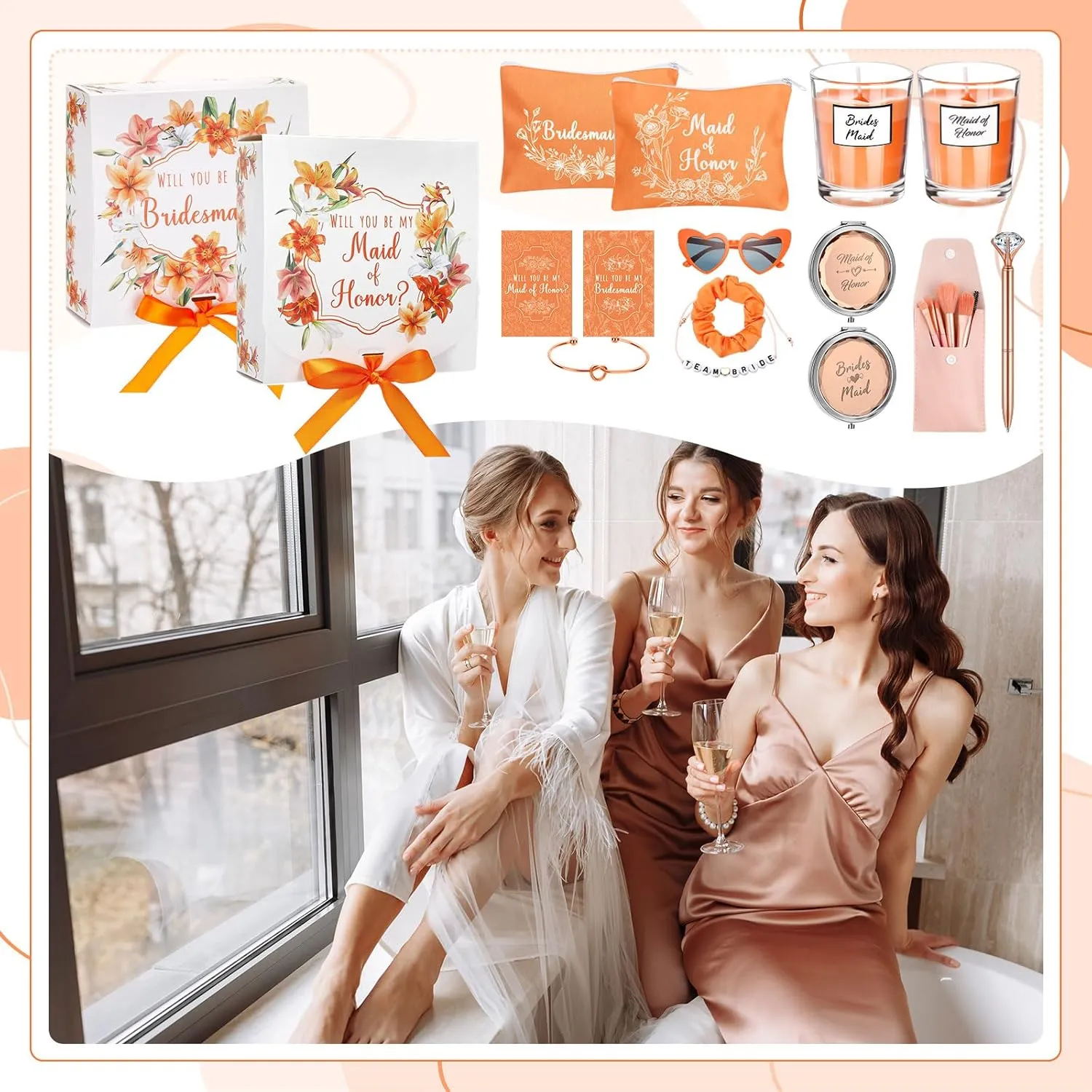 Nuogo 88 Pcs Bridesmaid Proposal Gifts Maid of Honor Gift Bridal Shower Cosmetic Makeup Bags Invited Cards Knotted Bracelets Scrunchies Hair Diamond Pens Favors for Wedding (Orange,Pretty)