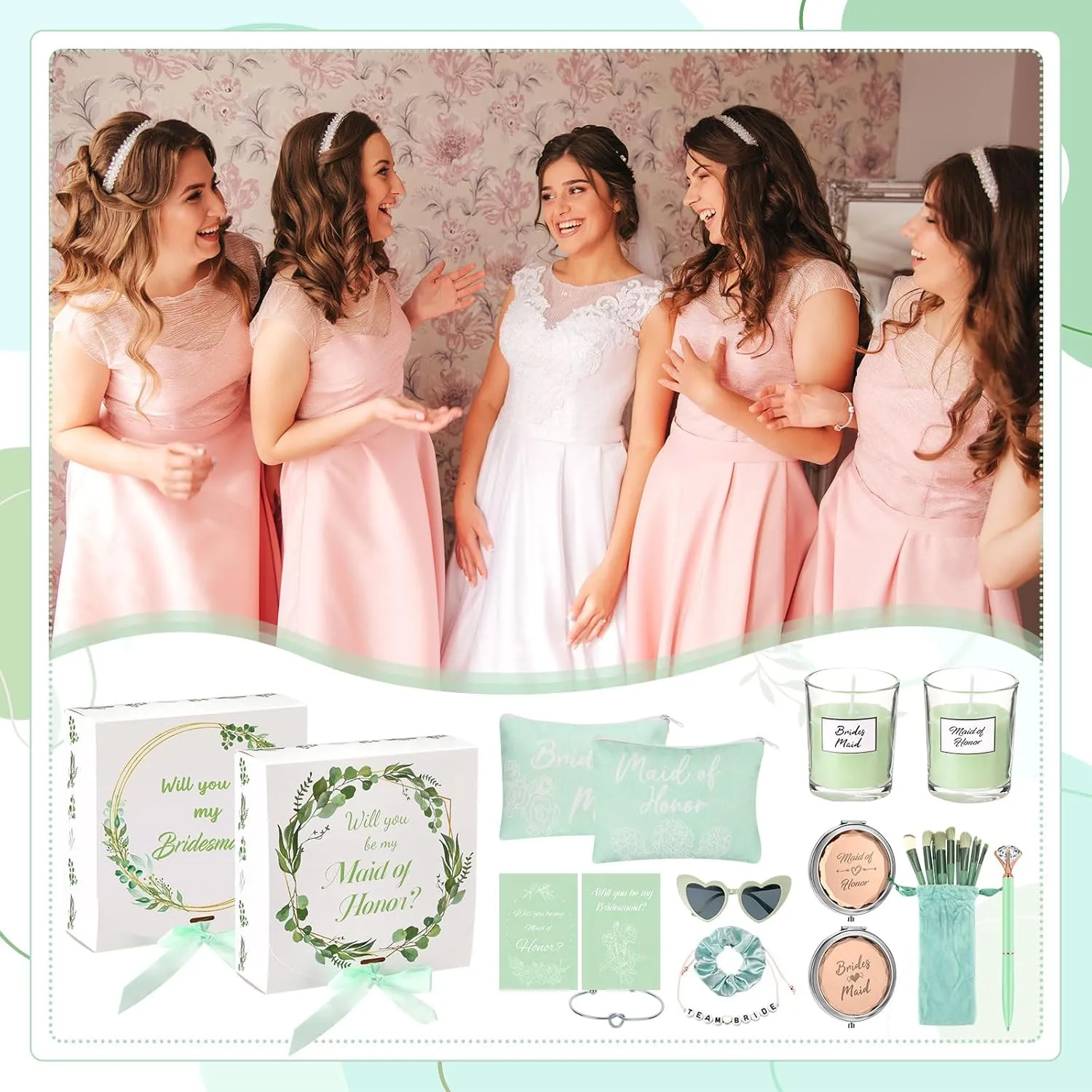 Nuogo 88 Pcs Bridesmaid Proposal Gifts Maid of Honor Gift Bridal Shower Cosmetic Makeup Bags Invited Cards Knotted Bracelets Scrunchies Hair Diamond Pens Favors for Wedding(Green,Modern)