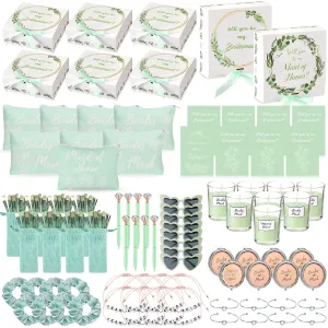 Nuogo 88 Pcs Bridesmaid Proposal Gifts Maid of Honor Gift Bridal Shower Cosmetic Makeup Bags Invited Cards Knotted Bracelets Scrunchies Hair Diamond Pens Favors for Wedding(Green,Modern)
