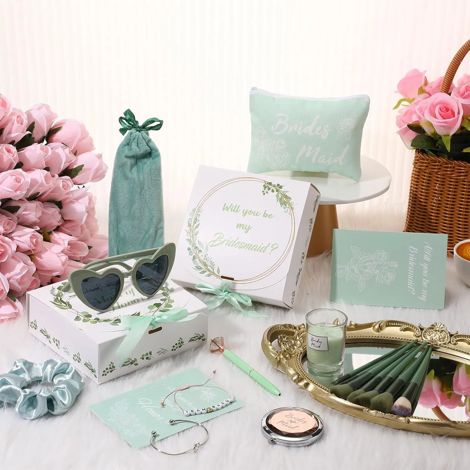 Nuogo 88 Pcs Bridesmaid Proposal Gifts Maid of Honor Gift Bridal Shower Cosmetic Makeup Bags Invited Cards Knotted Bracelets Scrunchies Hair Diamond Pens Favors for Wedding(Green,Modern)