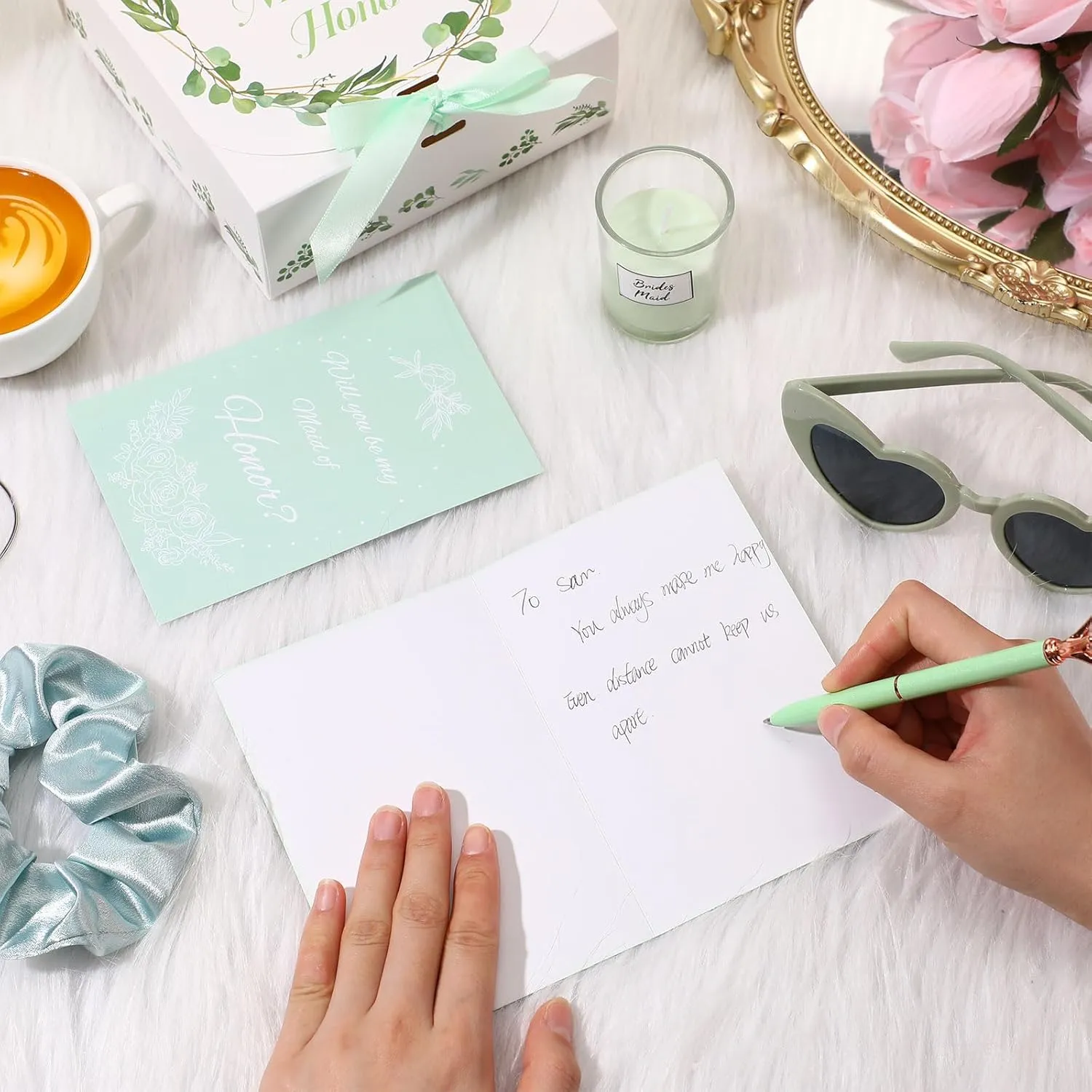 Nuogo 88 Pcs Bridesmaid Proposal Gifts Maid of Honor Gift Bridal Shower Cosmetic Makeup Bags Invited Cards Knotted Bracelets Scrunchies Hair Diamond Pens Favors for Wedding(Green,Modern)