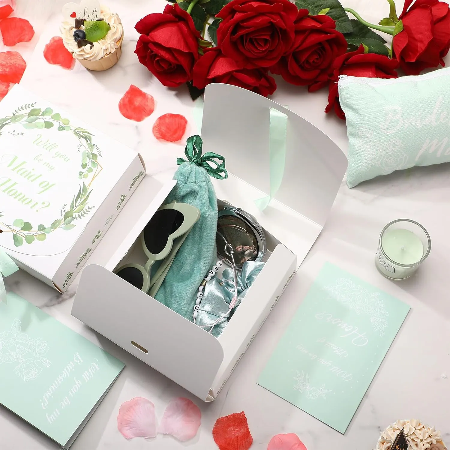 Nuogo 88 Pcs Bridesmaid Proposal Gifts Maid of Honor Gift Bridal Shower Cosmetic Makeup Bags Invited Cards Knotted Bracelets Scrunchies Hair Diamond Pens Favors for Wedding(Green,Modern)