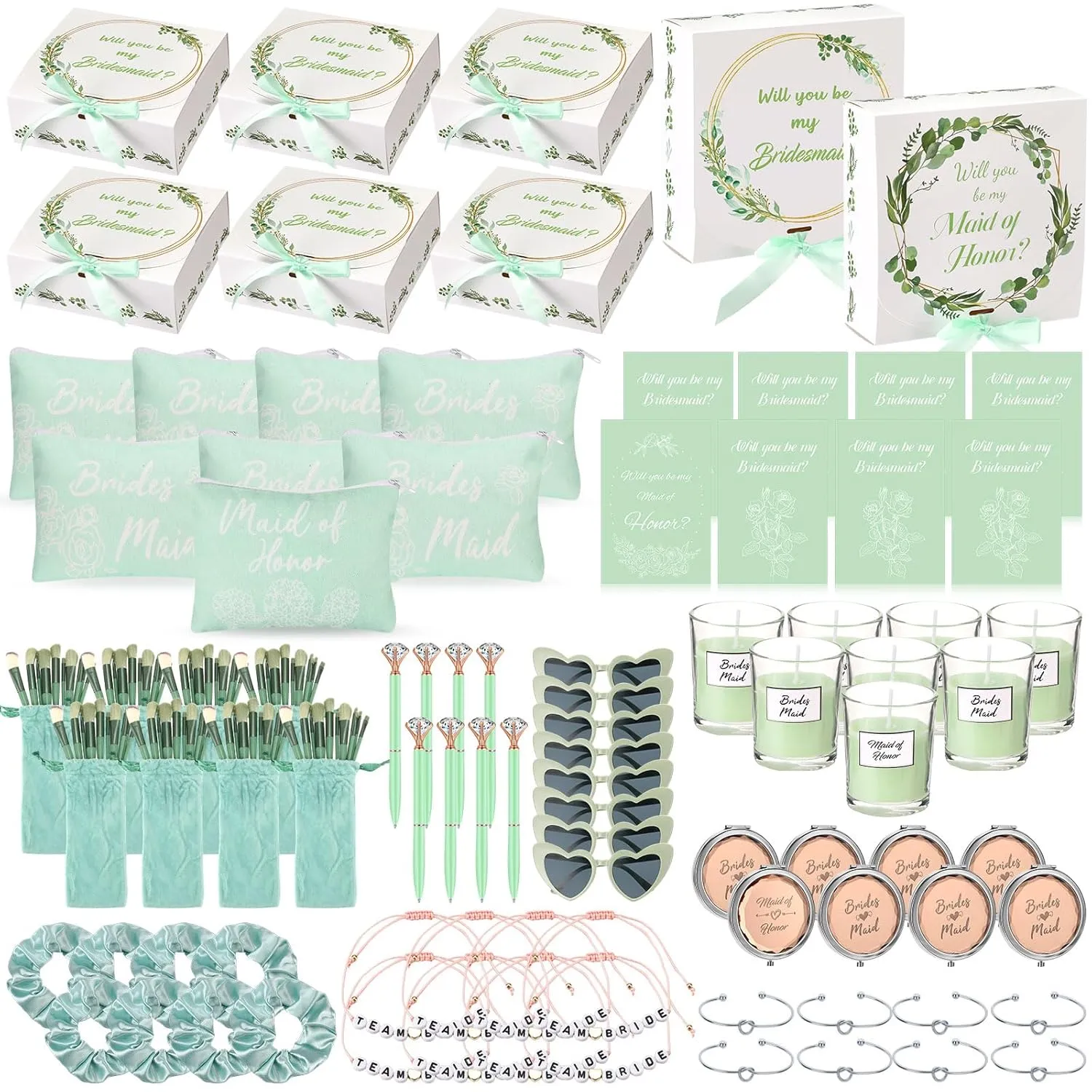 Nuogo 88 Pcs Bridesmaid Proposal Gifts Maid of Honor Gift Bridal Shower Cosmetic Makeup Bags Invited Cards Knotted Bracelets Scrunchies Hair Diamond Pens Favors for Wedding(Green,Modern)