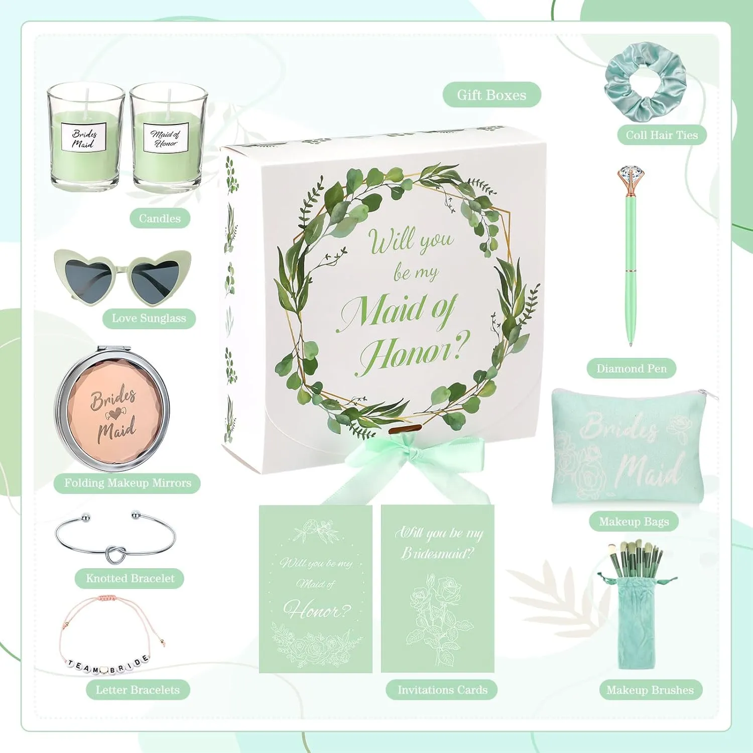 Nuogo 88 Pcs Bridesmaid Proposal Gifts Maid of Honor Gift Bridal Shower Cosmetic Makeup Bags Invited Cards Knotted Bracelets Scrunchies Hair Diamond Pens Favors for Wedding(Green,Modern)
