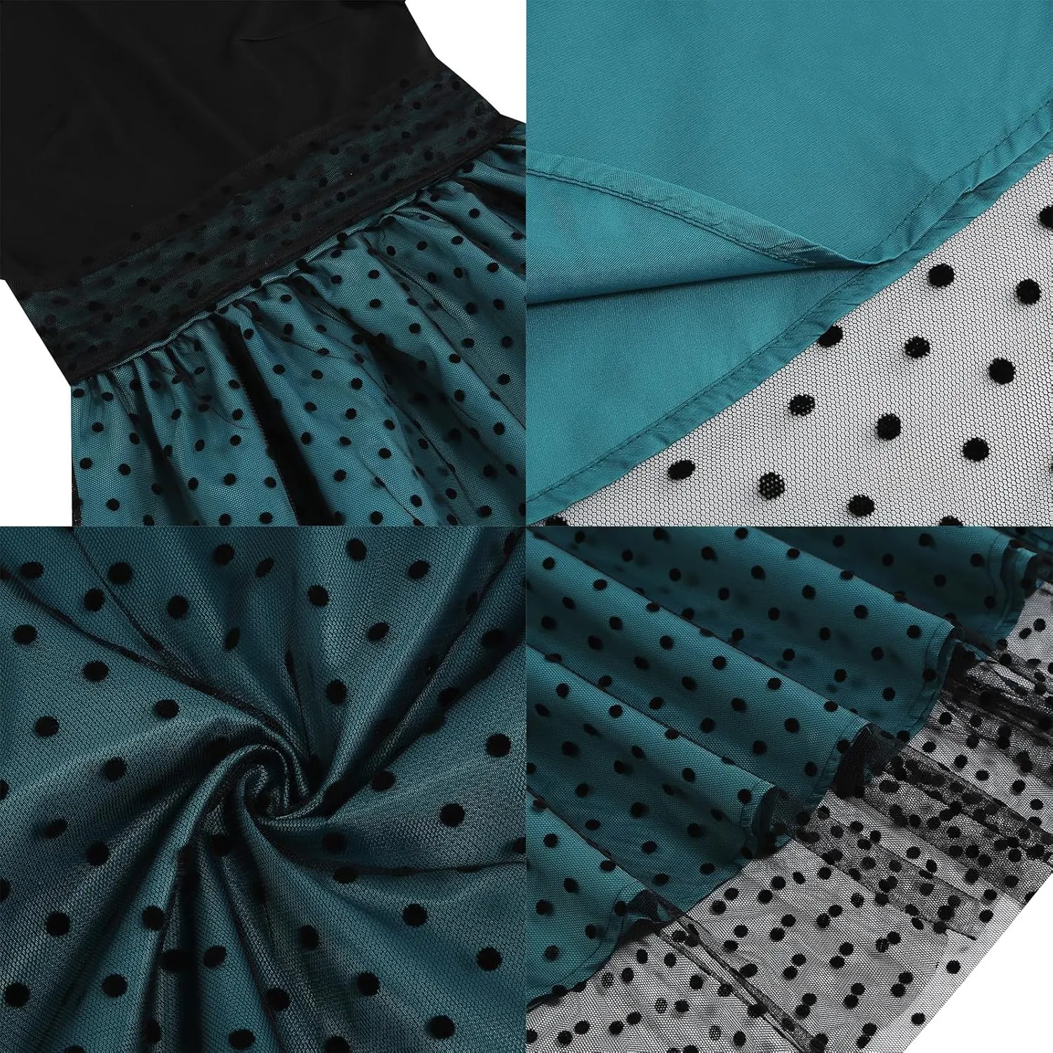 OBEEII Vintage Dress for Women 1950s Long Sleeve Patchwork Polka Dots Tulle Cocktail Party Dress Retro Swing Midi Dress
