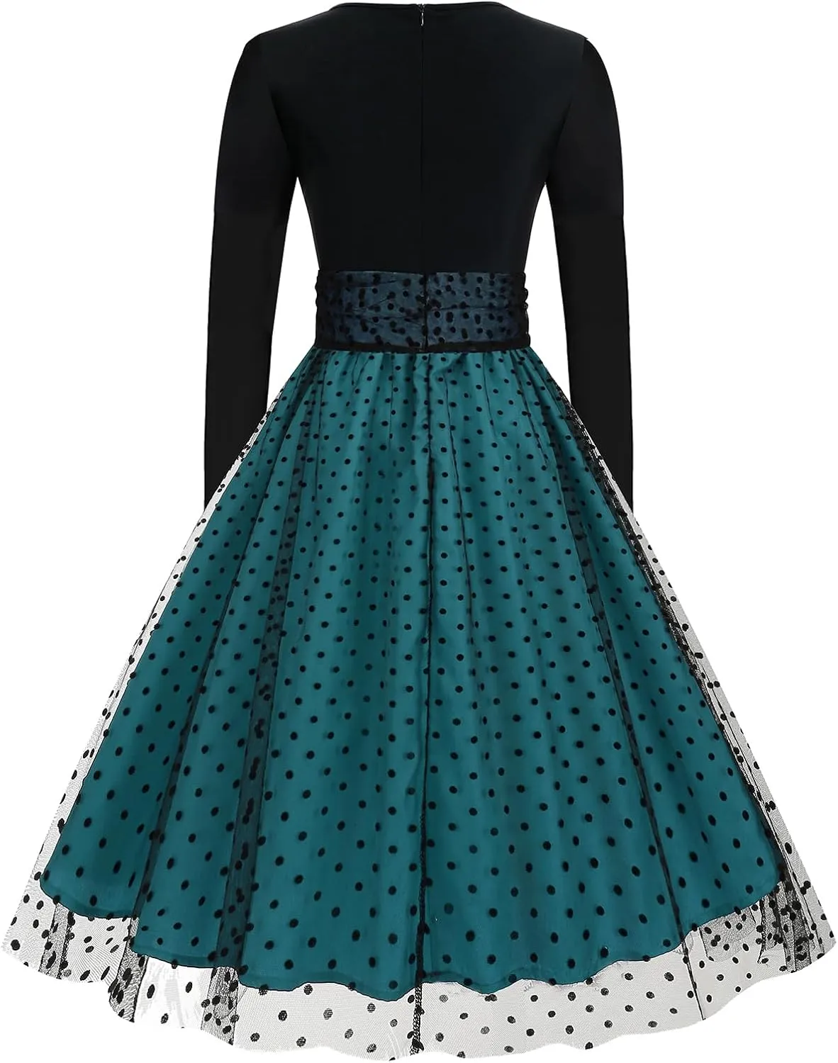 OBEEII Vintage Dress for Women 1950s Long Sleeve Patchwork Polka Dots Tulle Cocktail Party Dress Retro Swing Midi Dress