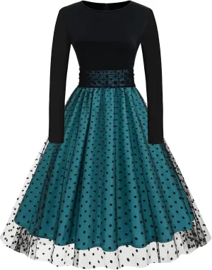 OBEEII Vintage Dress for Women 1950s Long Sleeve Patchwork Polka Dots Tulle Cocktail Party Dress Retro Swing Midi Dress