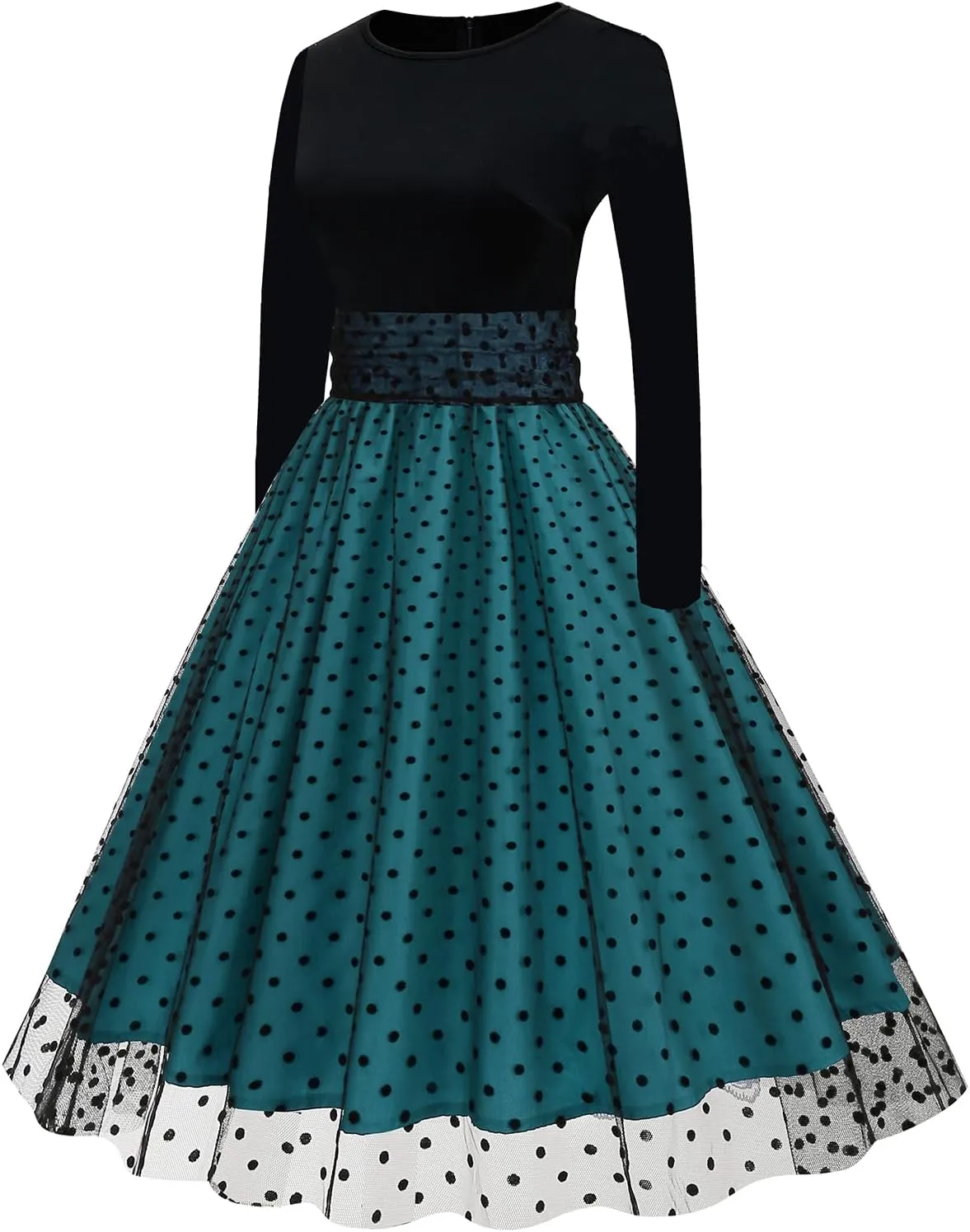 OBEEII Vintage Dress for Women 1950s Long Sleeve Patchwork Polka Dots Tulle Cocktail Party Dress Retro Swing Midi Dress