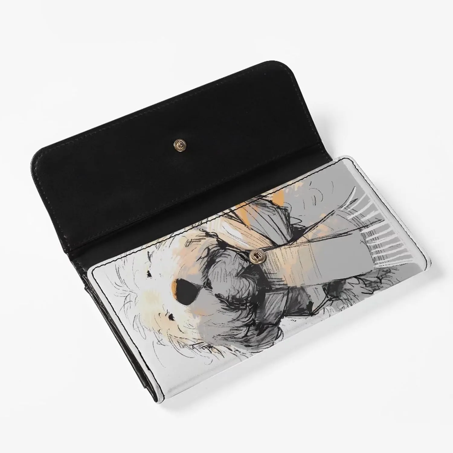 Old English Sheepdog Print Wallets Cash Clutch Bag for Women, Hand Drawn Puppy Dog Long Billfold with Zipper Coin Pocket, White Credit Card Wallet