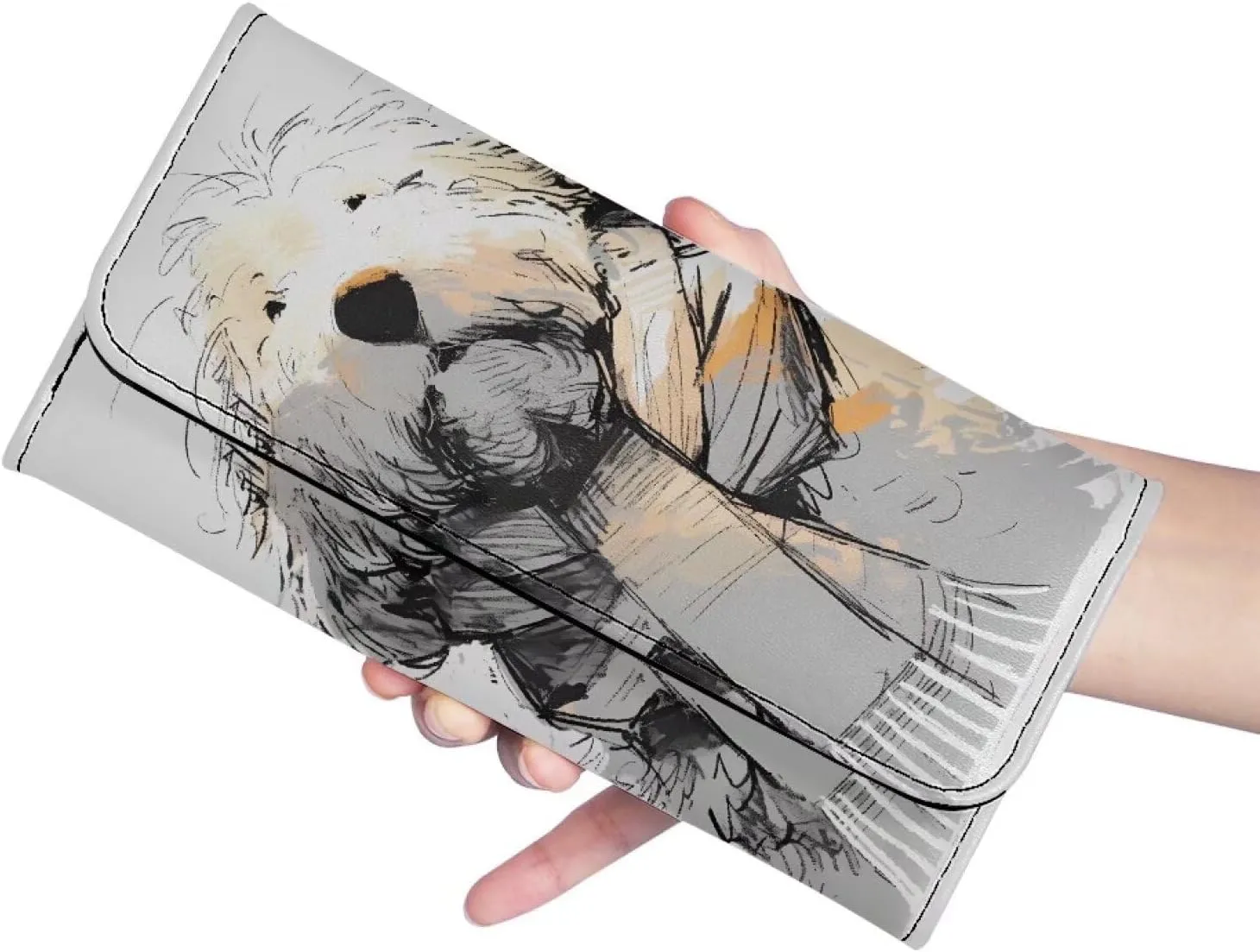 Old English Sheepdog Print Wallets Cash Clutch Bag for Women, Hand Drawn Puppy Dog Long Billfold with Zipper Coin Pocket, White Credit Card Wallet