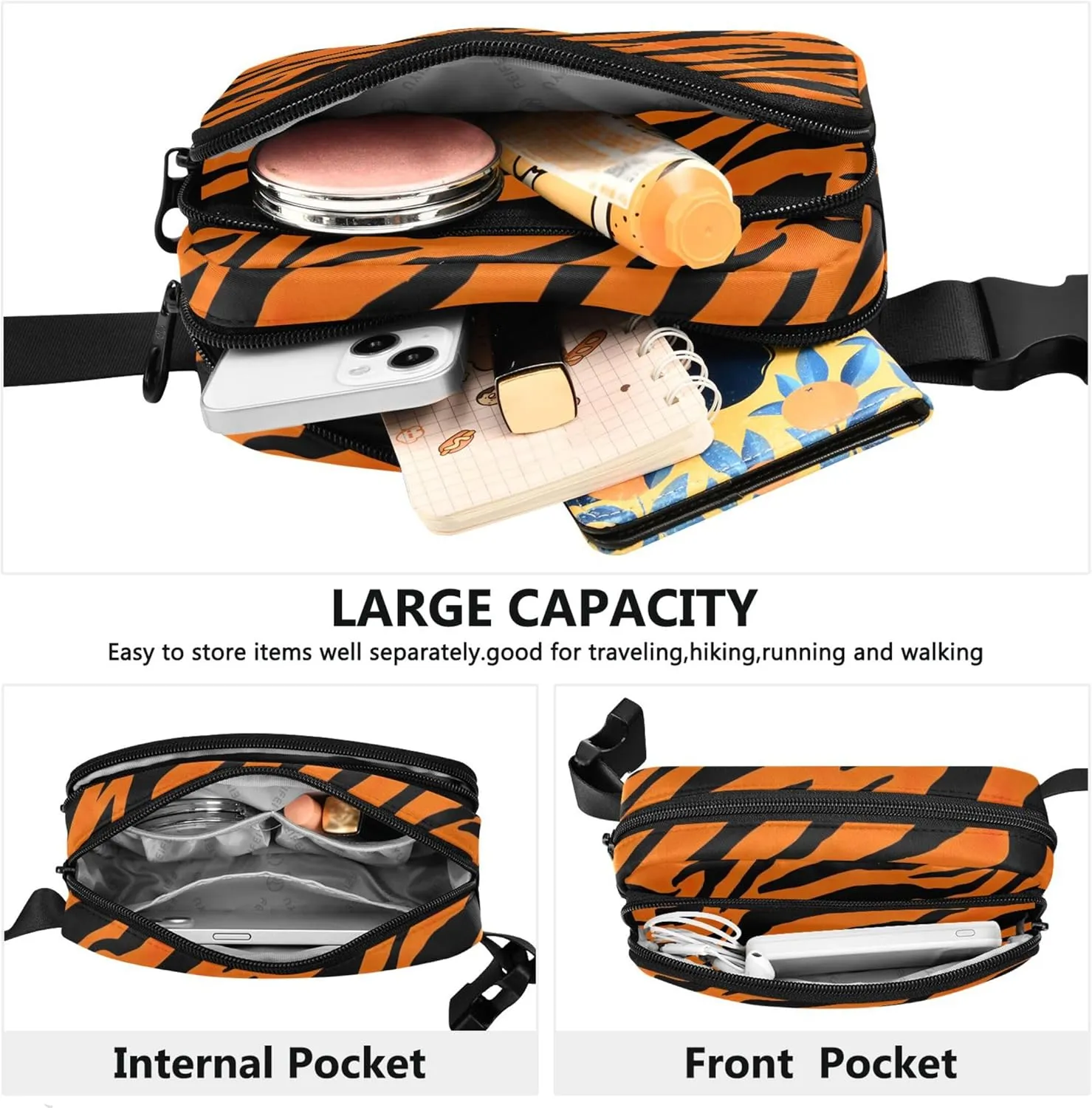 Orange Black Tiger Stripe Fanny Pack for Women Hip Pack Belt Pouch Waterproof Bright Colored Cross Body Waist Purse