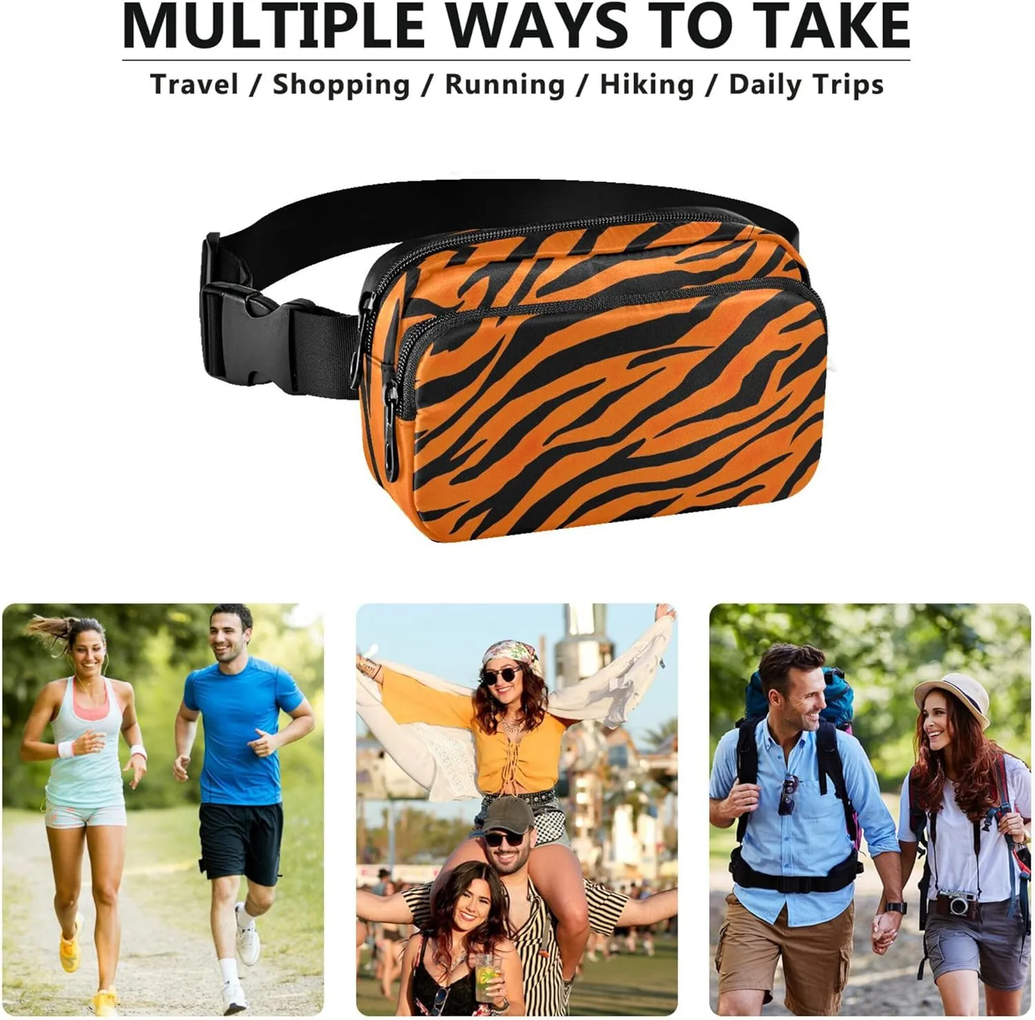 Orange Black Tiger Stripe Fanny Pack for Women Hip Pack Belt Pouch Waterproof Bright Colored Cross Body Waist Purse